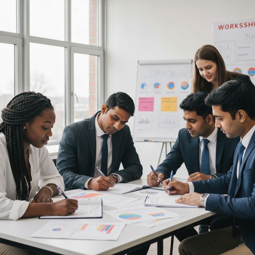 A facilitator leading a mixed group workshop on AI tools in a modern office space