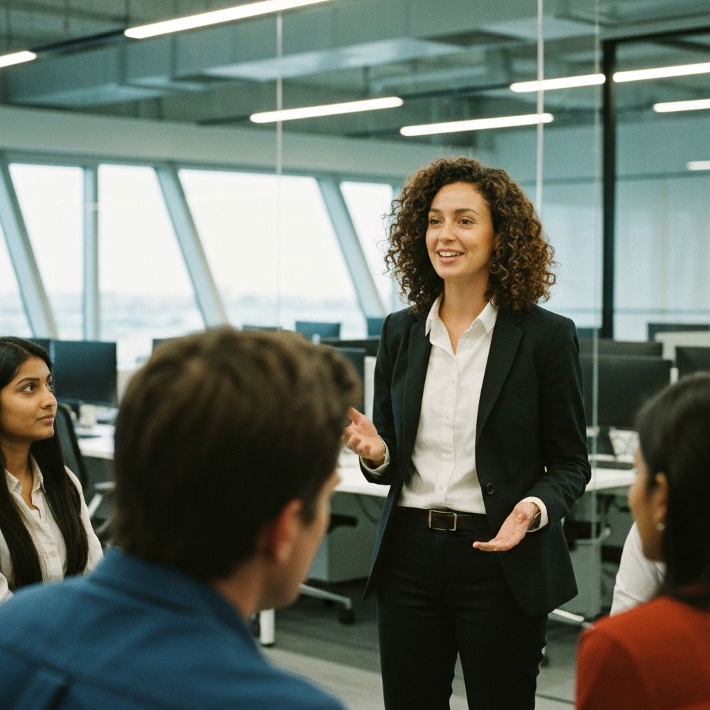 A professional presenting AI governance findings to a small leadership team in a meeting room