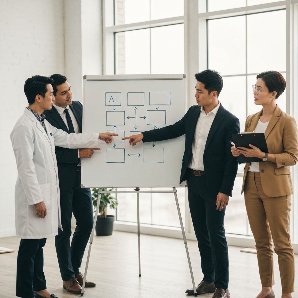 A small group of employees reviewing AI output together on a shared screen