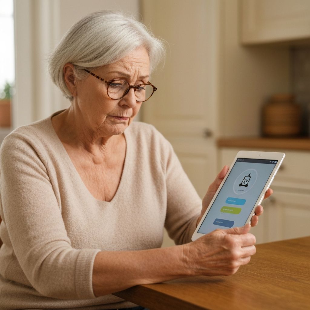 An older woman looking confused at an AI recommendation on her tablet screen