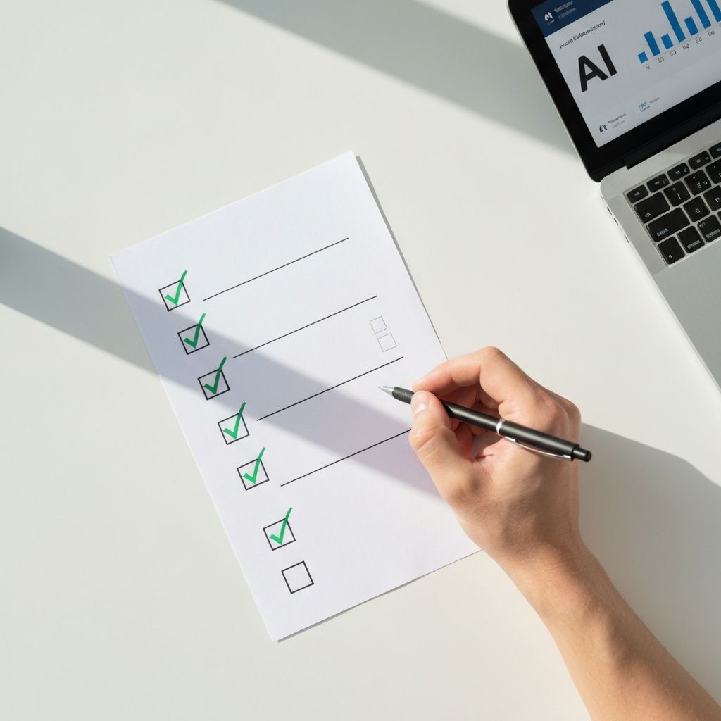 A hand ticking items off a simple checklist on a desk next to a laptop showing an AI dashboard