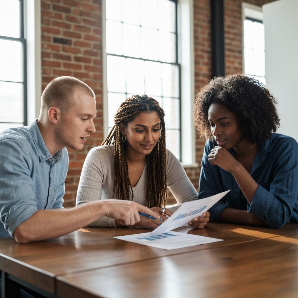 Two people working through a structured design framework at a table with printed canvases
