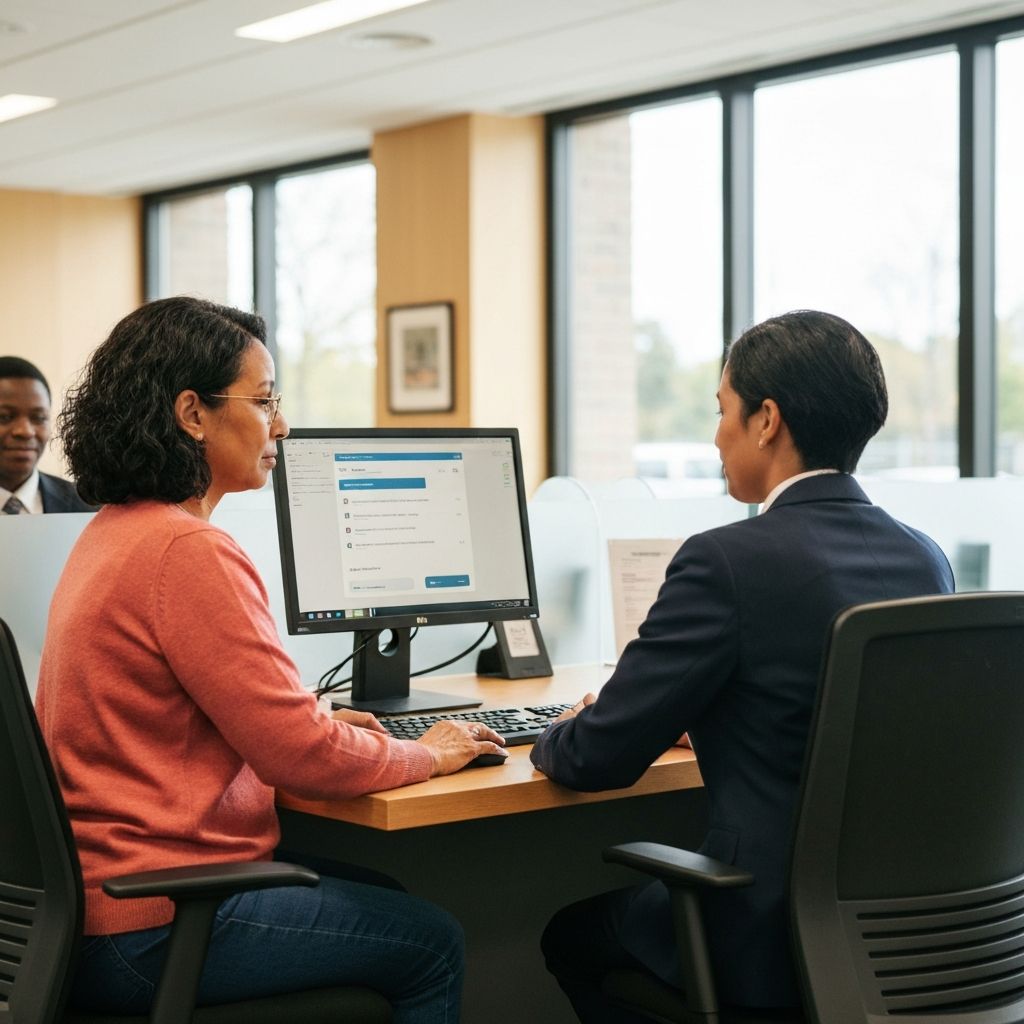 A woman using a computer at a bank counter while a bank employee helps her