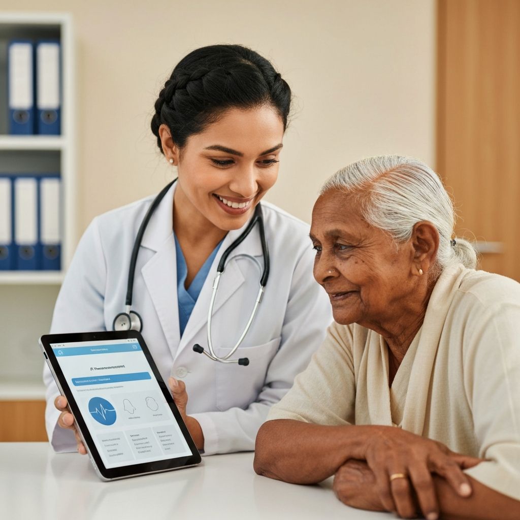 A doctor showing a patient an AI health recommendation on a tablet in a clinic