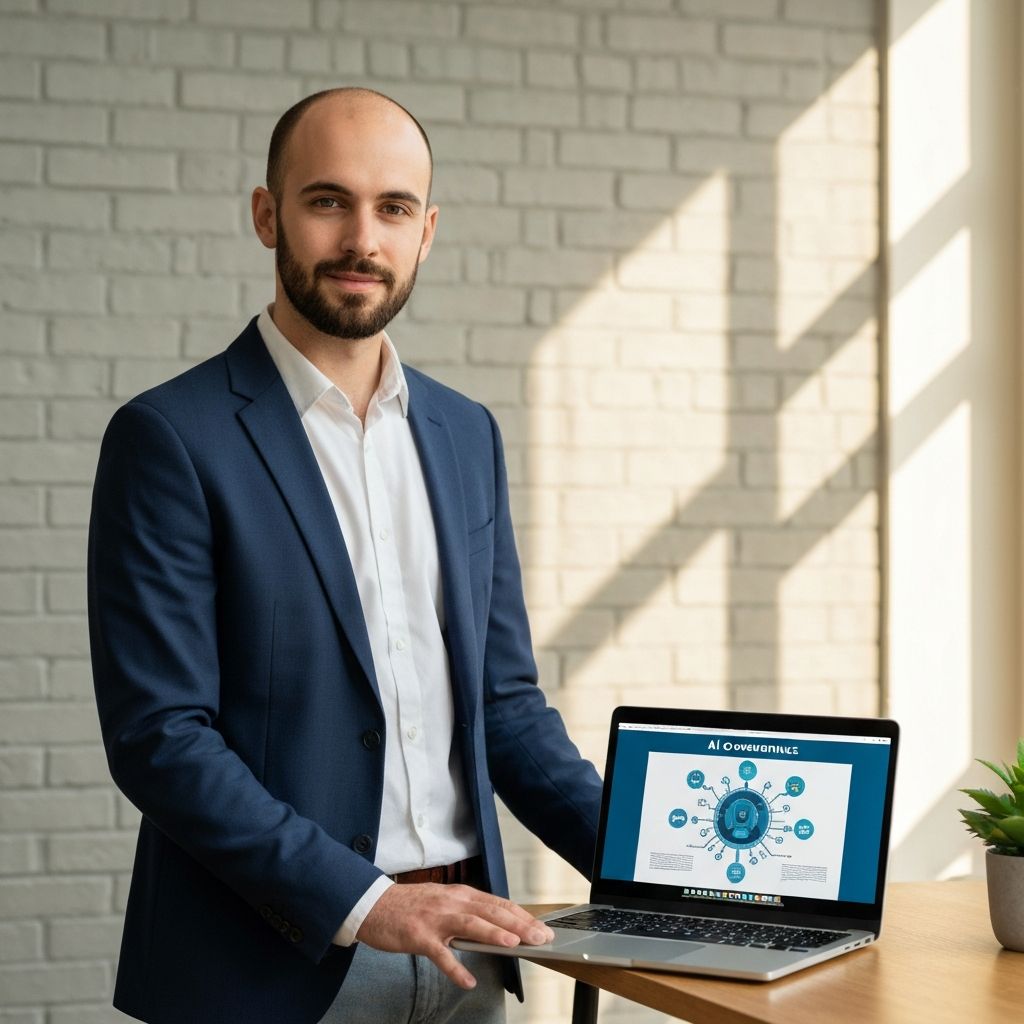 A manager on a video call about AI governance, with a simple report beside the laptop