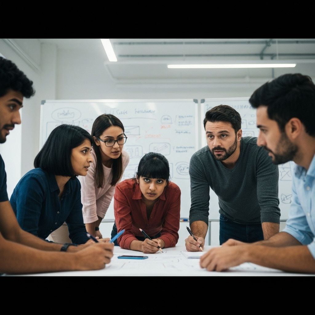 A diverse team in a working session discussing AI governance and workflow design